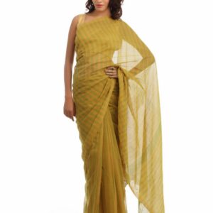 Fabindia Mustard Yellow & Green Striped Mangalgiri Saree