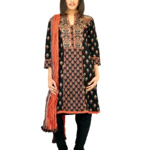 Biba Women Black Printed Churidar Kurta with Dupatta