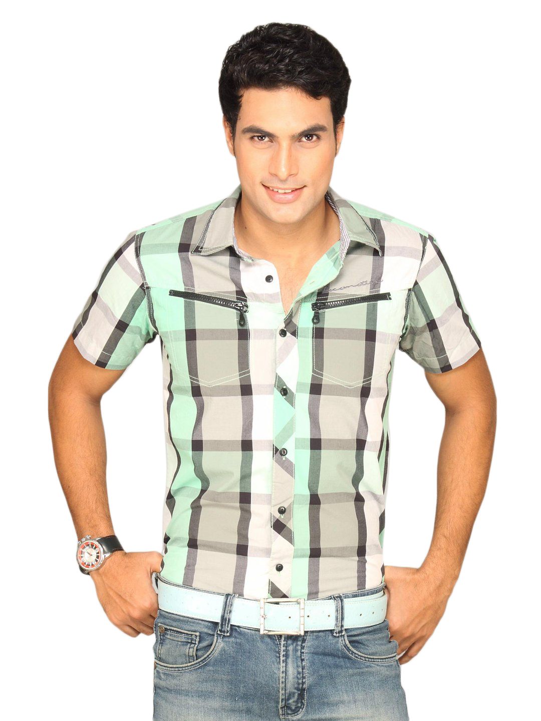 Locomotive Men Green Grey White Checked Shirt