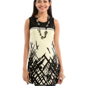109F Women Black & Cream-Coloured Colourblocked Printed Tunic