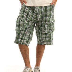 French Connection Men Green & White Check Cargo Shorts