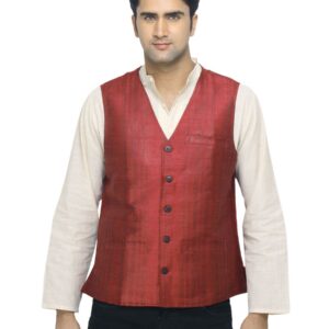 Fabindia Men Red Silk Sleeveless Waistcoat