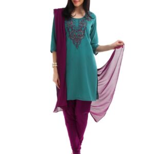 Ayaany Women Teal & Purple Embroidered Churidar Kurta with Dupatta