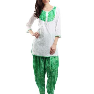 Ayaany Women White & Green Self-Design Patiala Kurta Set