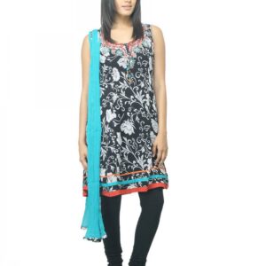 Biba Women Black Printed Churidar Kurta with Dupatta