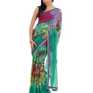 FNF Green Printed Evening Wear Sari