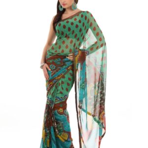 FNF Green Printed Evening Wear Sari