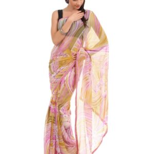 FNF Pink & Yellow Printed Evening Wear Sari
