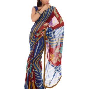 FNF Red & Blue Printed Sari