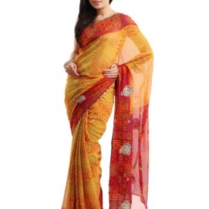 FNF Yellow and Red Printed Bandhani Sari