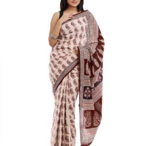 Fabindia Beige & Maroon Mull Printed Saree
