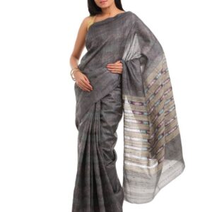Fabindia Grey Tie & Dye Ghicha Striped Saree