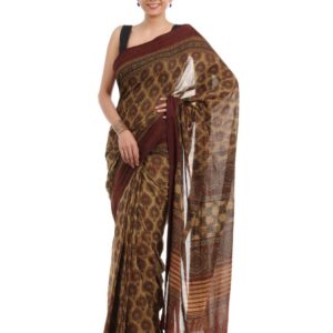 Fabindia Brown Printed Ajrakh Dhonekhali Saree