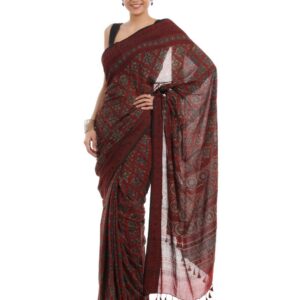 Fabindia Maroon Printed Ajrakh Dhonekhali Saree
