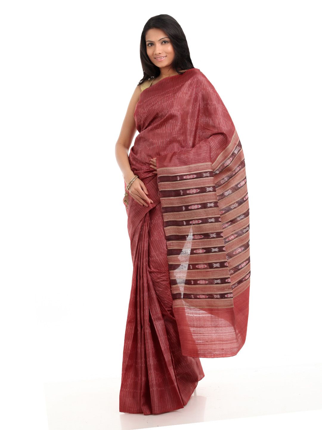 Fabindia Red Tie & Dye Ghicha Striped Saree