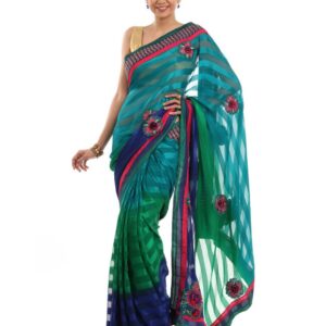 FNF Green & Blue Printed Sari