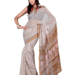 FNF White Printed Sari