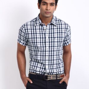 Indian Terrain Men Navy & White Checked Slim Fit Smart-Casual Shirt