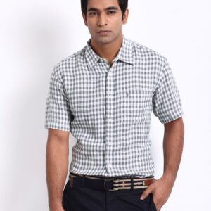 Indian Terrain Men Grey & White Checked Linen Modern Fit Smart-Casual Shirt