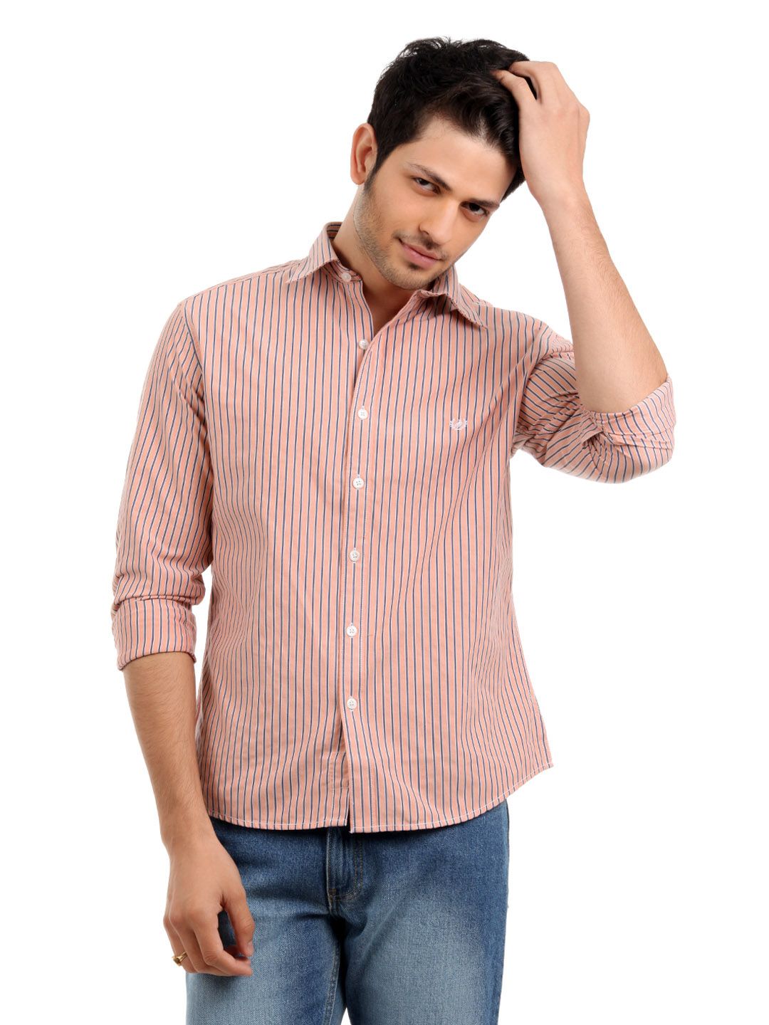 John Players Men Striped Peach Shirt