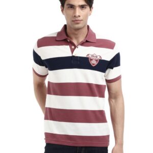 Proline Men Cream & Purple Striped Polo T-shirt