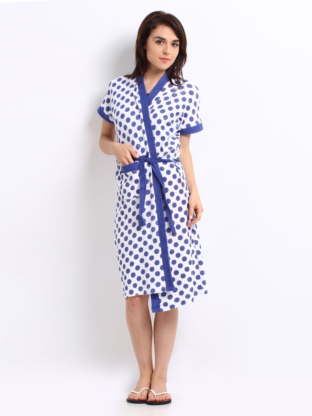 Red Rose Women White & Blue Polka Dot Print Bath Robe