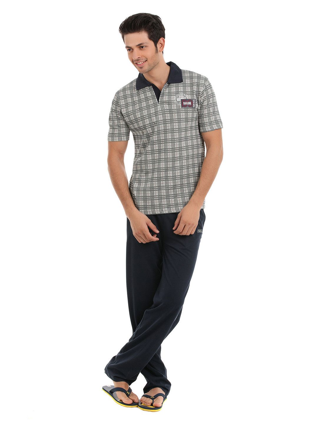 SDL by Sweet Dreams Men Grey & Blue Pyjama Set