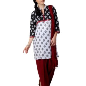 Shree Women Black & White Printed Salwar Suit with Dupatta