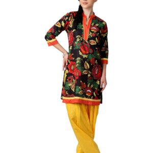 Shree Women Black and Yellow Printed Patiala Kurta Set