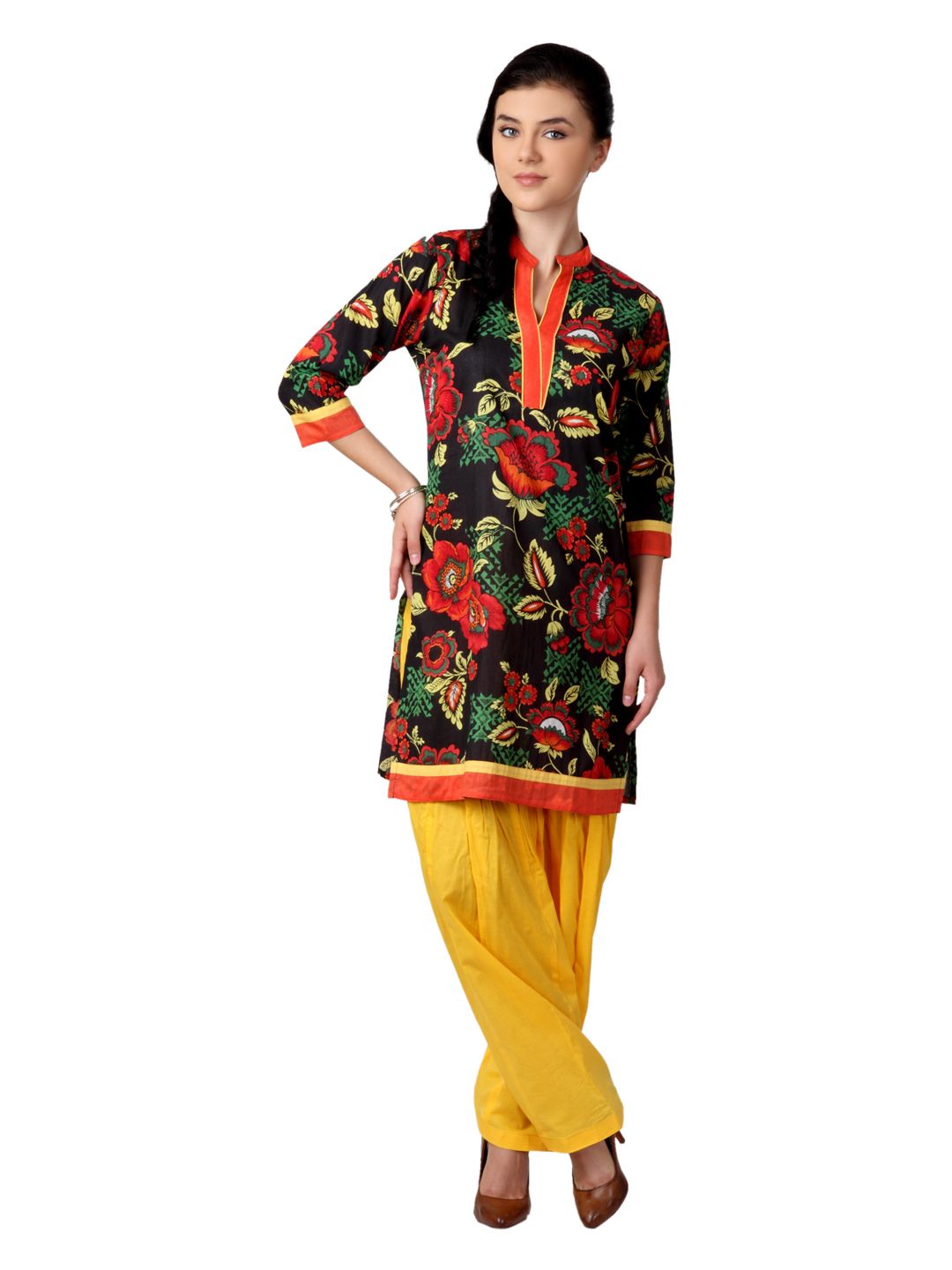 Shree Women Black and Yellow Printed Patiala Kurta Set