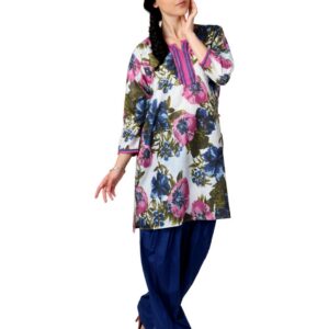 Shree Women White and Blue Printed Patiala Kurta Set