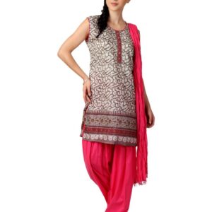 Shree Women Cream-Coloured & Pink Printed Salwar Suit with Dupatta