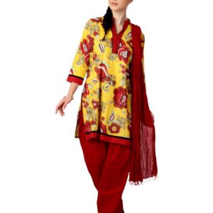 Shree Women Yellow & Red Printed Salwar Suit with Dupatta