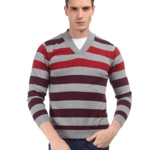 Wills Lifestyle Men Grey Striped Sweater