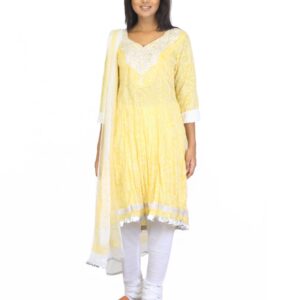 Biba Women Yellow & White Printed Churidar Kurta with Dupatta