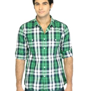 Basics Men Green Slim Fit Checked Shirt
