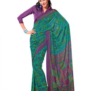 Prafful Green & Purple Crepe Printed Sari