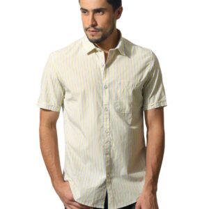 John Players Men White & Yellow Striped Shirt