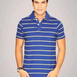 Basice Men Blue & Yellow Striped Polo T-shirt