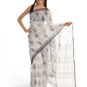 Fabindia White Hand Printed Sari