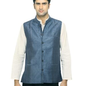 Fabindia Men Striped Blue Silk Sleeveless Jacket