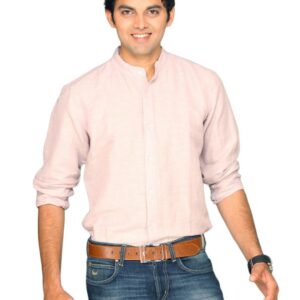 UCB Men Striper Mandarin Collar Light Pink Shirt