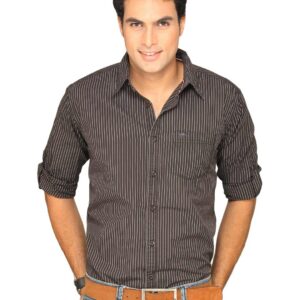 Highlander Men Black Striped Slim Fit Shirt