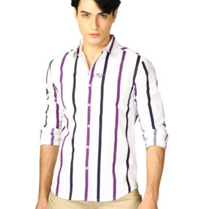 Spykar Men Ranger Purple-Black Stripe White Shirts