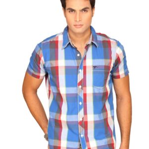 Highlander Men White Blue Checked Slim Fit Shirt