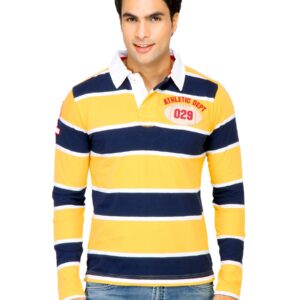 Basics Men Yellow Striped Polo T-shirt