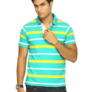 Basics Men Blue & Yellow White Striped Polo T-shirt