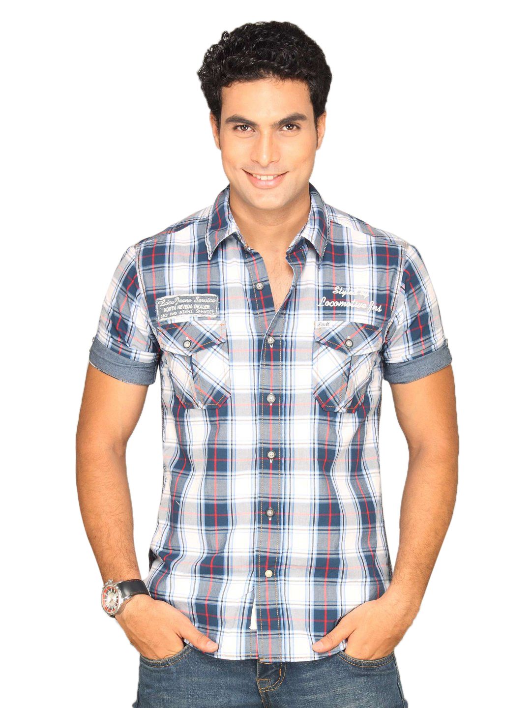 Locomotive Men Blue Grey White Checked Shirt