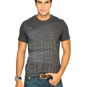 s.Oliver Men's Line Printed Dark Grey T-shirt