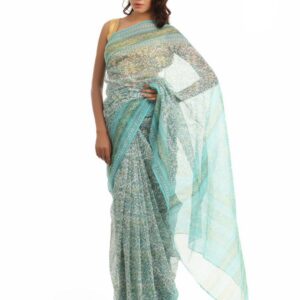 Fabindia Turquoise Blue Hand Printed Sari